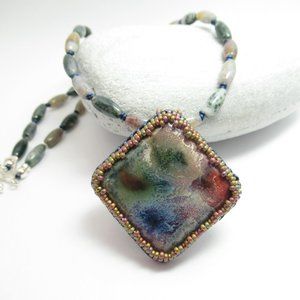 Artisan bead embroidered Cabochon necklace on Fancy Jasper